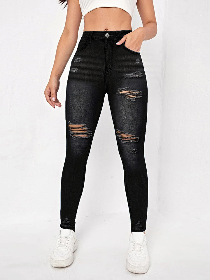 Damen Skinny Jeans im modischen Destroyed-Look mit hohem Taillenbund und komfortablem Stretch Drune