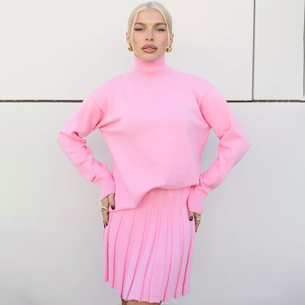 Damen Strickpullover mit hohem Kragen und plissiertem Rock Drune