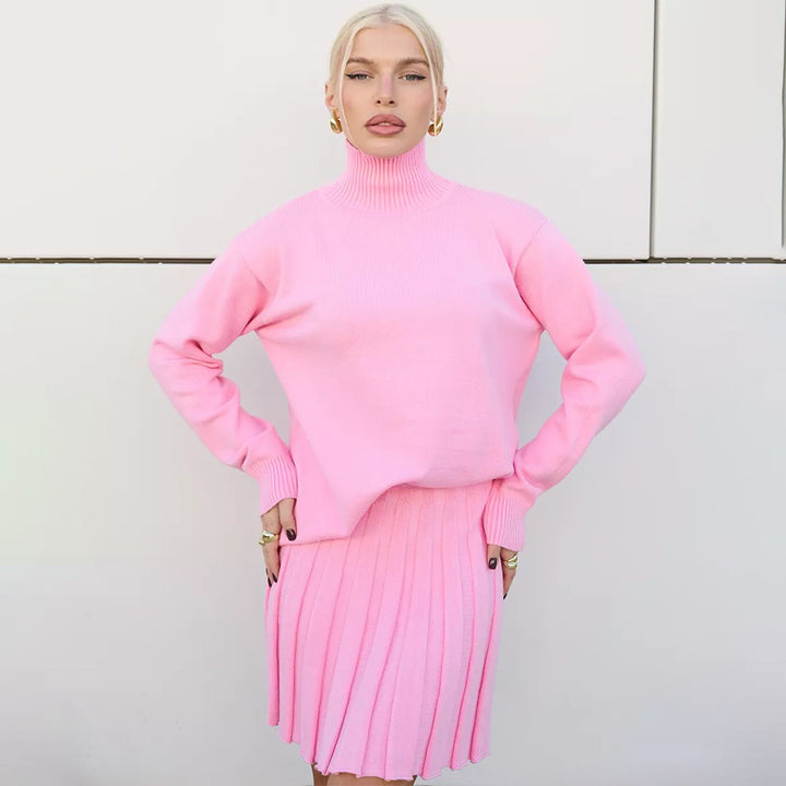 Damen Strickpullover mit hohem Kragen und plissiertem Rock Drune