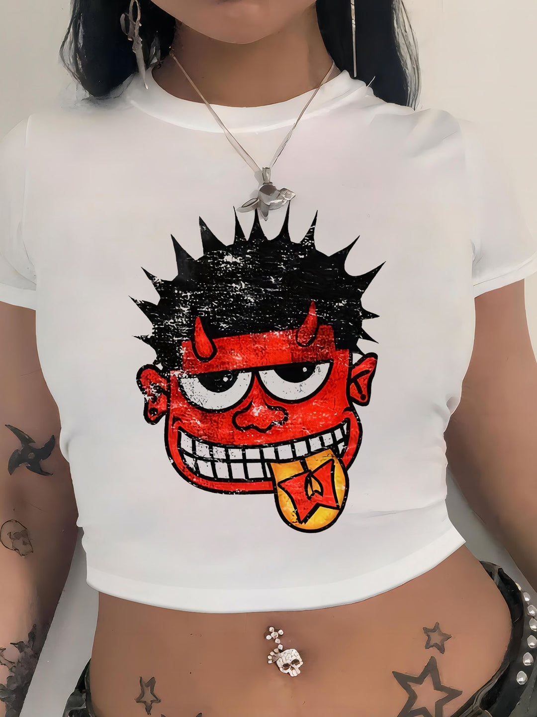 Damen Crop-T-Shirt mit kreativem Comic-Motiv Drune