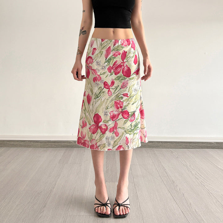 Damen eleganter Midirock mit floralen Motiven und schwingendem Schnitt Drune