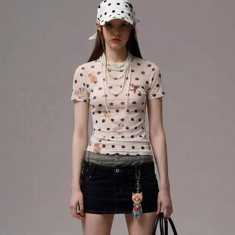 Damen Figurbetontes Polka-Dot T-Shirt mit verspieltem Tierdesign Drune