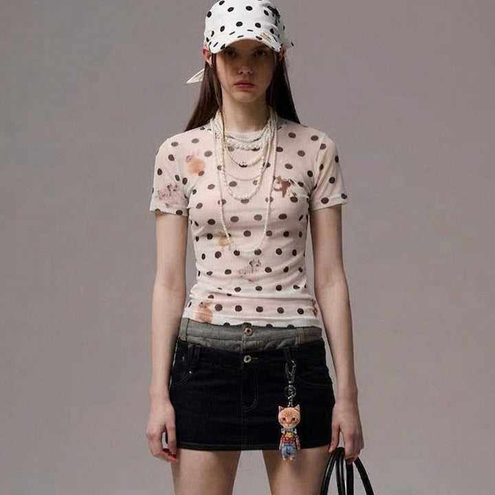 Damen Figurbetontes Polka-Dot T-Shirt mit verspieltem Tierdesign Drune