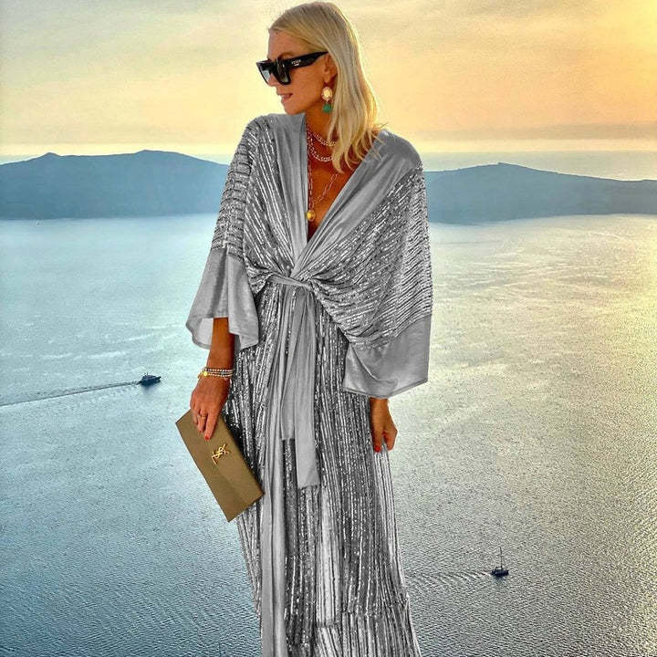 Damen Glitzerndes Maxikleid mit elegantem Wickeldesign und fließenden Ärmeln Drune