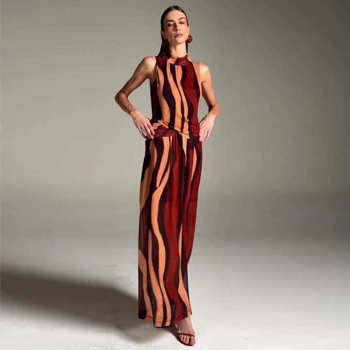 Damen elegantes Maxikleid mit einzigartigem Streifenmuster und hohem Kragen Drune