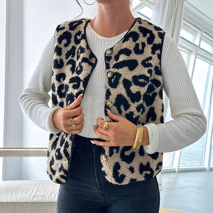 Damen Modische Plüschweste mit Leopardmuster Drune