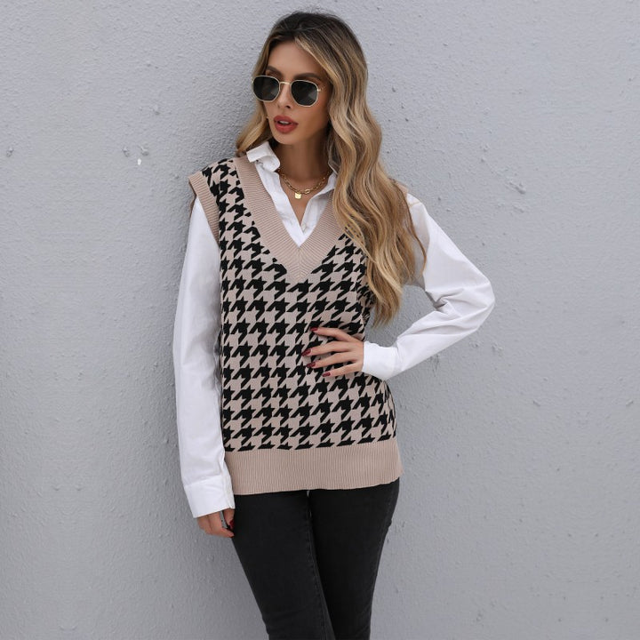 Damen eleganter Strickpullover mit V-Ausschnitt und Hahnentrittmuster Drune