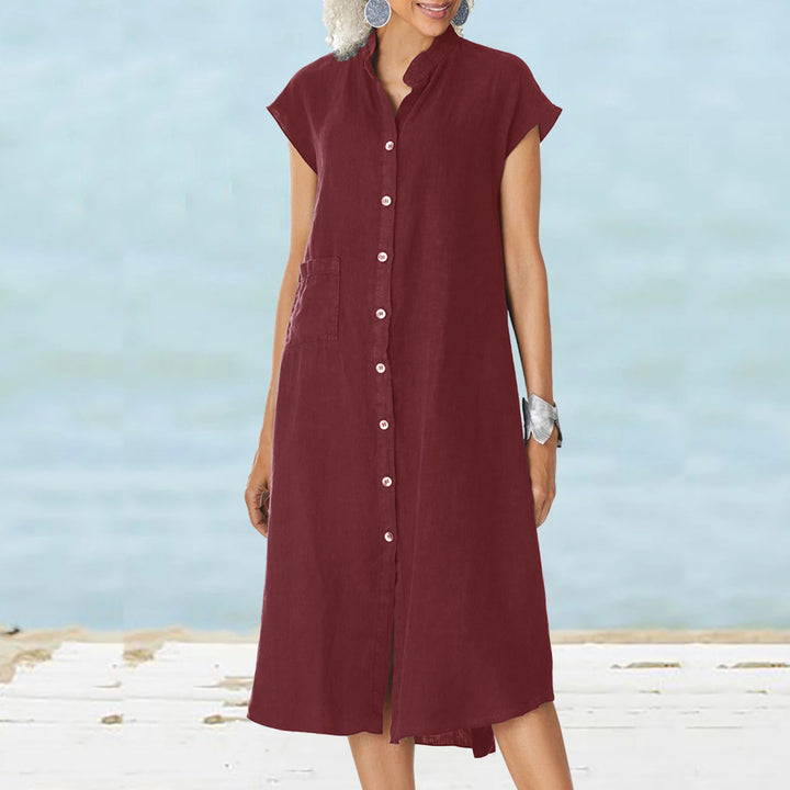 Damen lässiges Midi-Hemdkleid aus Leinen mit Knopfleiste und seitlichen Taschen Drune