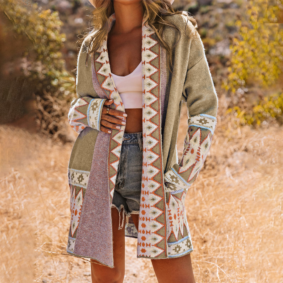 Damen Langarm-Strickjacke mit geometrischem Muster und offenen Taschen Drune