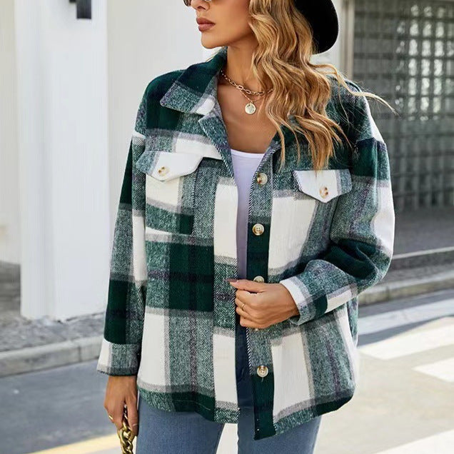 Damen Karierte Flanelljacke mit Knopfleiste und Taschen Drune