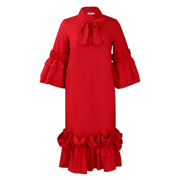 Damen Midi-Kleid mit voluminösen Rüschenärmeln und eleganter Schleife Drune