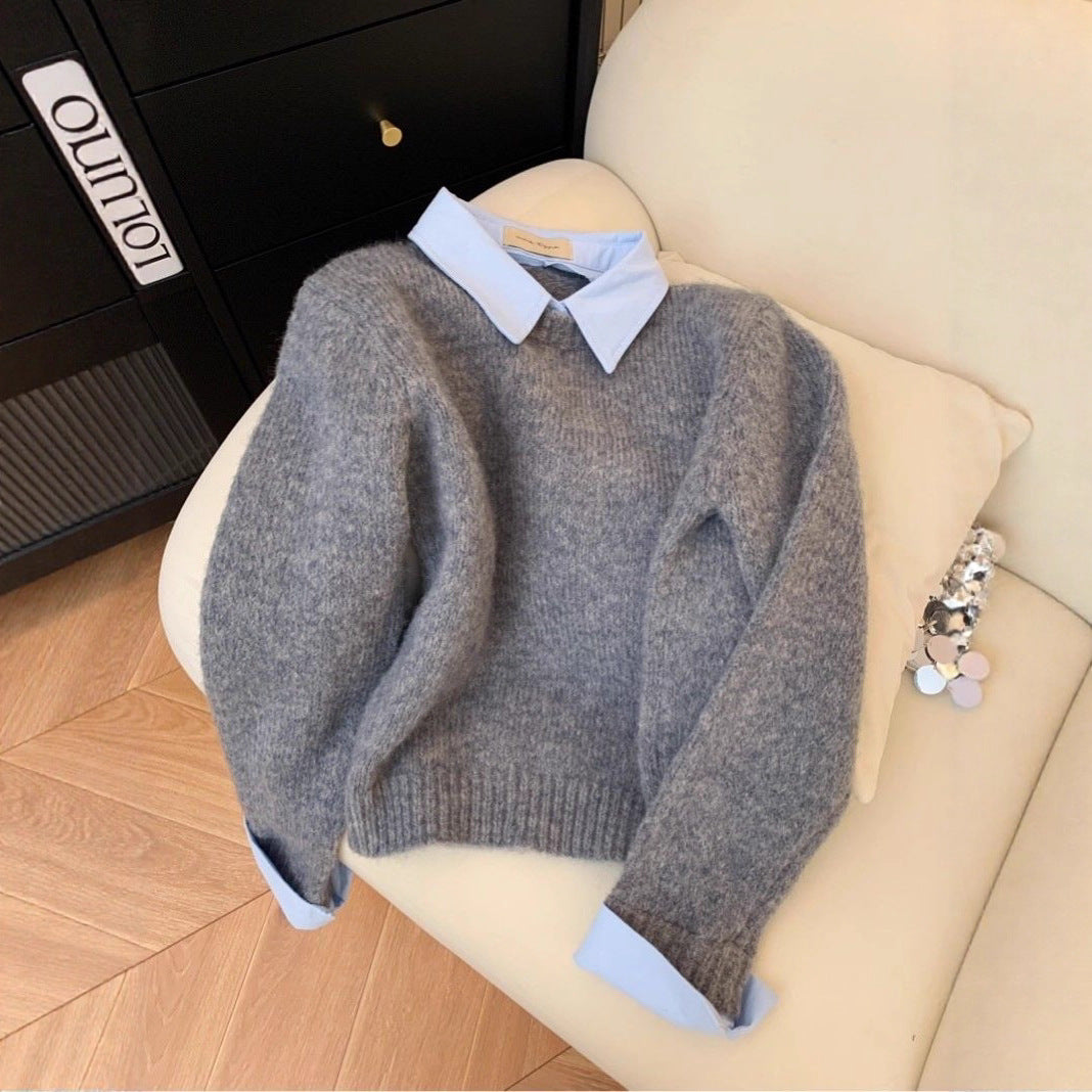 Damen stilvoller Pullover mit integrierter Hemdkragen-Kombination Drune