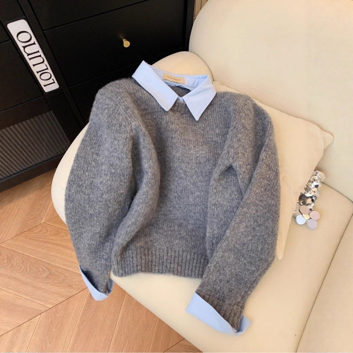 Damen stilvoller Pullover mit integrierter Hemdkragen-Kombination Drune