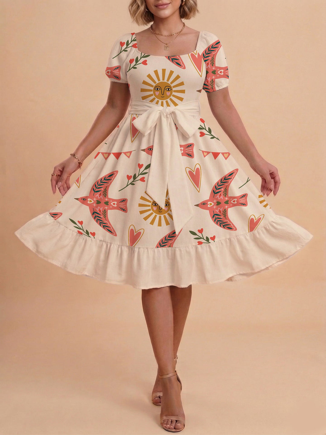 Damen Sommerliches Blumenkleid mit taillierbarem Gürtel und voluminösen Ärmeln Drune