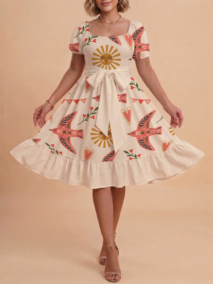 Damen Sommerliches Blumenkleid mit taillierbarem Gürtel und voluminösen Ärmeln Drune