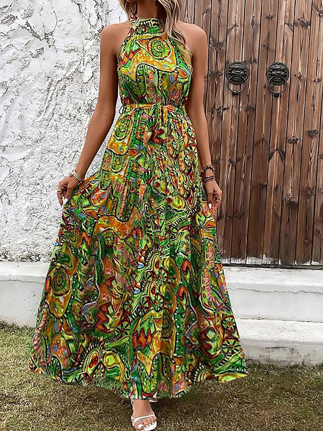 Damen Maxikleid im Boho-Stil mit hohem Kragen und Bindegürtel Drune