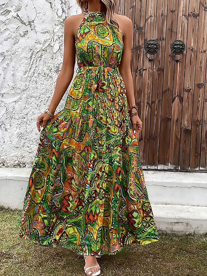 Damen Maxikleid im Boho-Stil mit hohem Kragen und Bindegürtel Drune