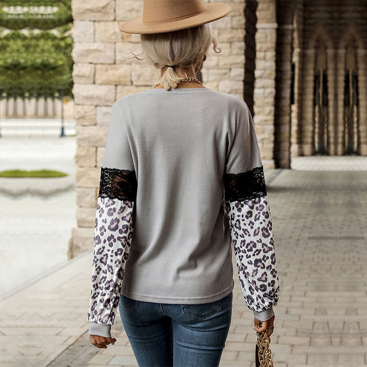 Damen modischer Pullover mit floralen Spitzenärmeln und dezente Leopardenmuster Drune