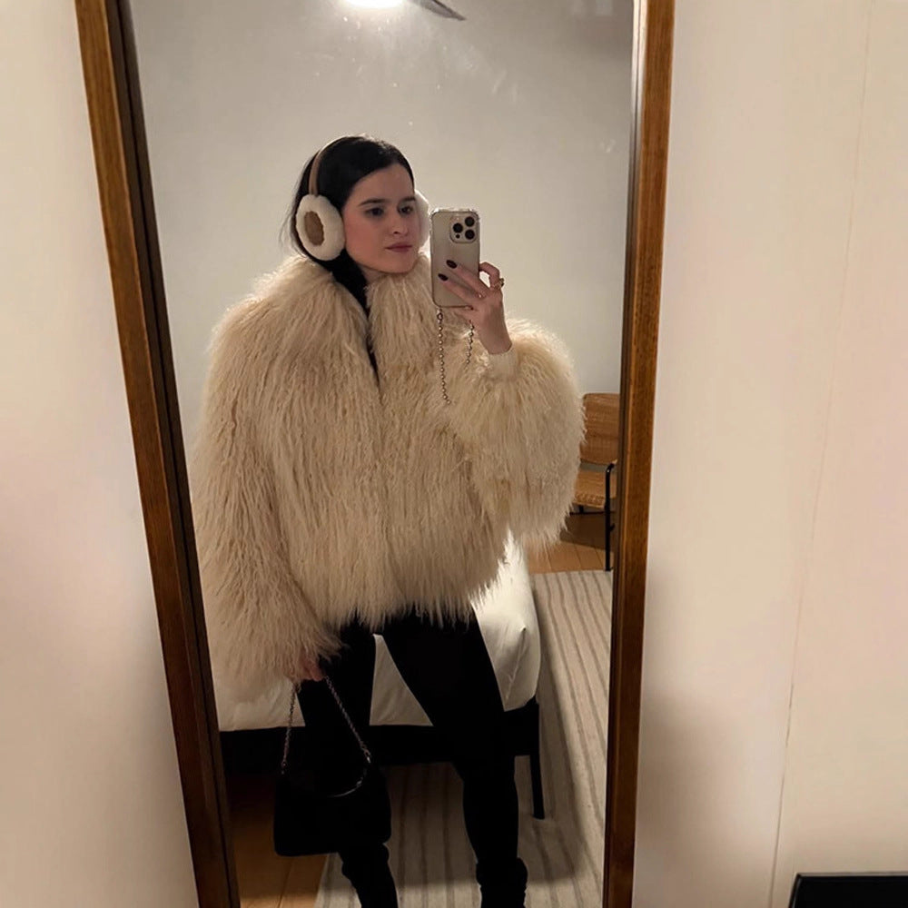 Damen elegante Kunstfelljacke mit voluminösem Kragen Drune