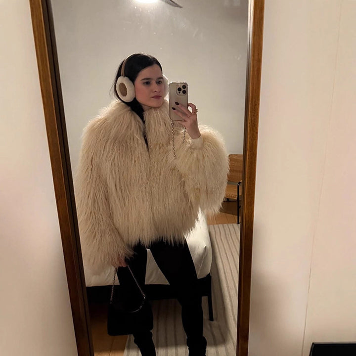 Damen elegante Kunstfelljacke mit voluminösem Kragen Drune
