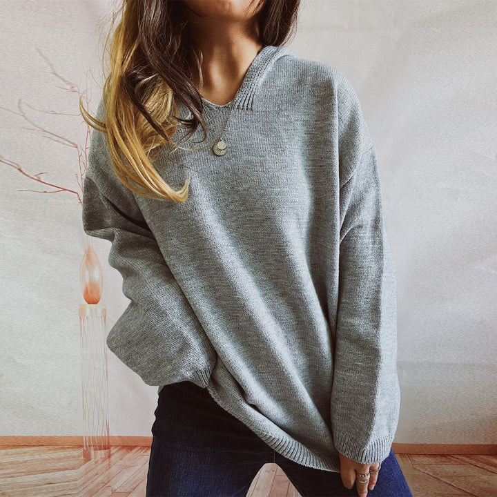 Damen lässiger Strickpullover mit Kapuze und weiten Ärmeln Drune