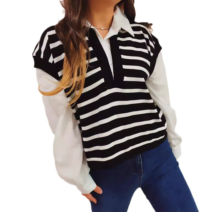 Damen lässiger Polo-Pullover mit gestreiften Design und leichten Puffärmeln Drune