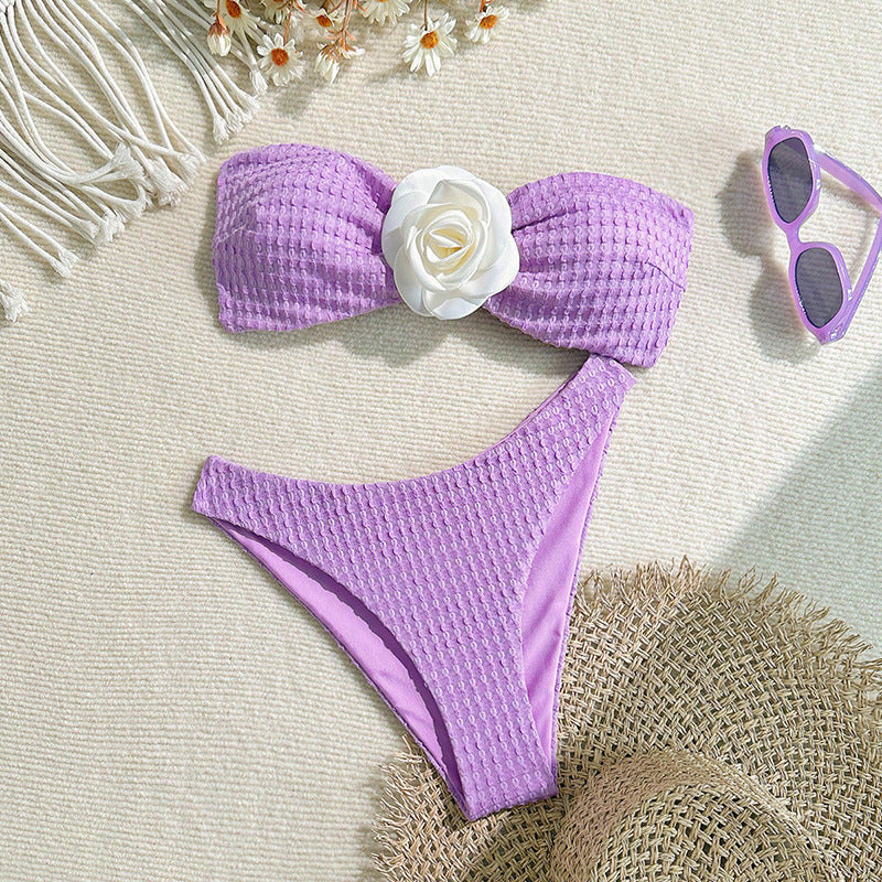 Damen Bandeau-Bikini mit dekorativen Blumendetails und hohem Beinausschnitt Drune
