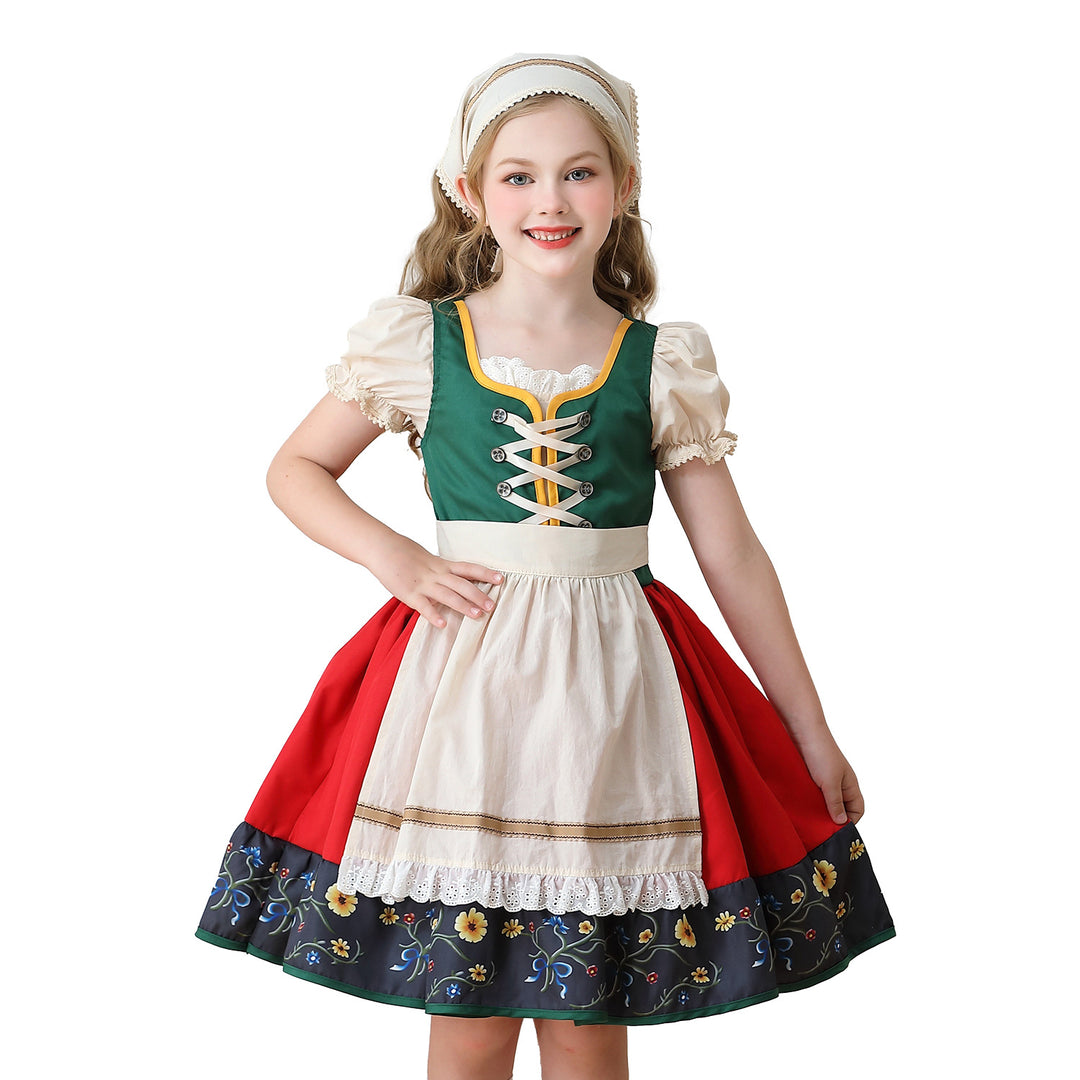 Damen nan traditionelles Kinderdirndl Kleid mit dekorativer Schnürung Schürze und Spitzenkopftuch Drune