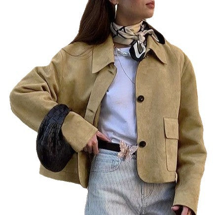 Damen Kurzjacke aus Wildleder mit großen Taschen und Button-Down-Verschluss Drune