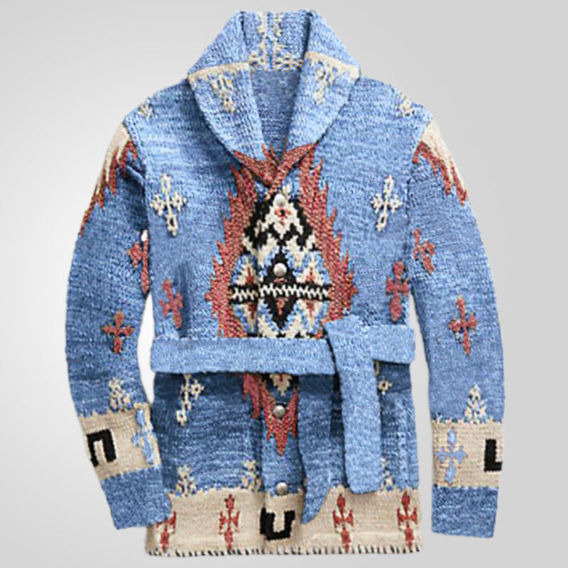 Damen gemütlicher Strickmantel mit dekorativem Muster und praktischem Gürtel Drune