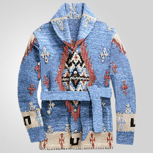 Damen gemütlicher Strickmantel mit dekorativem Muster und praktischem Gürtel Drune