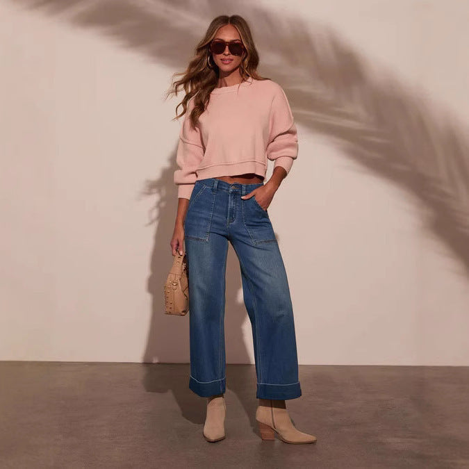 Damen weit geschnittene Denim-Hose mit hohem Bund Drune