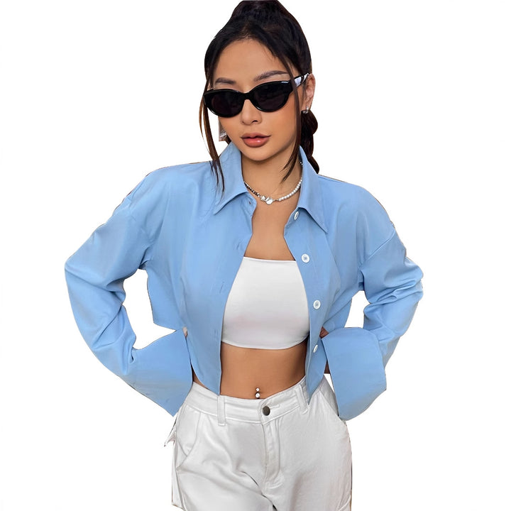 Damen cropped Bluse mit weiten Ärmeln und eleganter Knopfleiste Drune