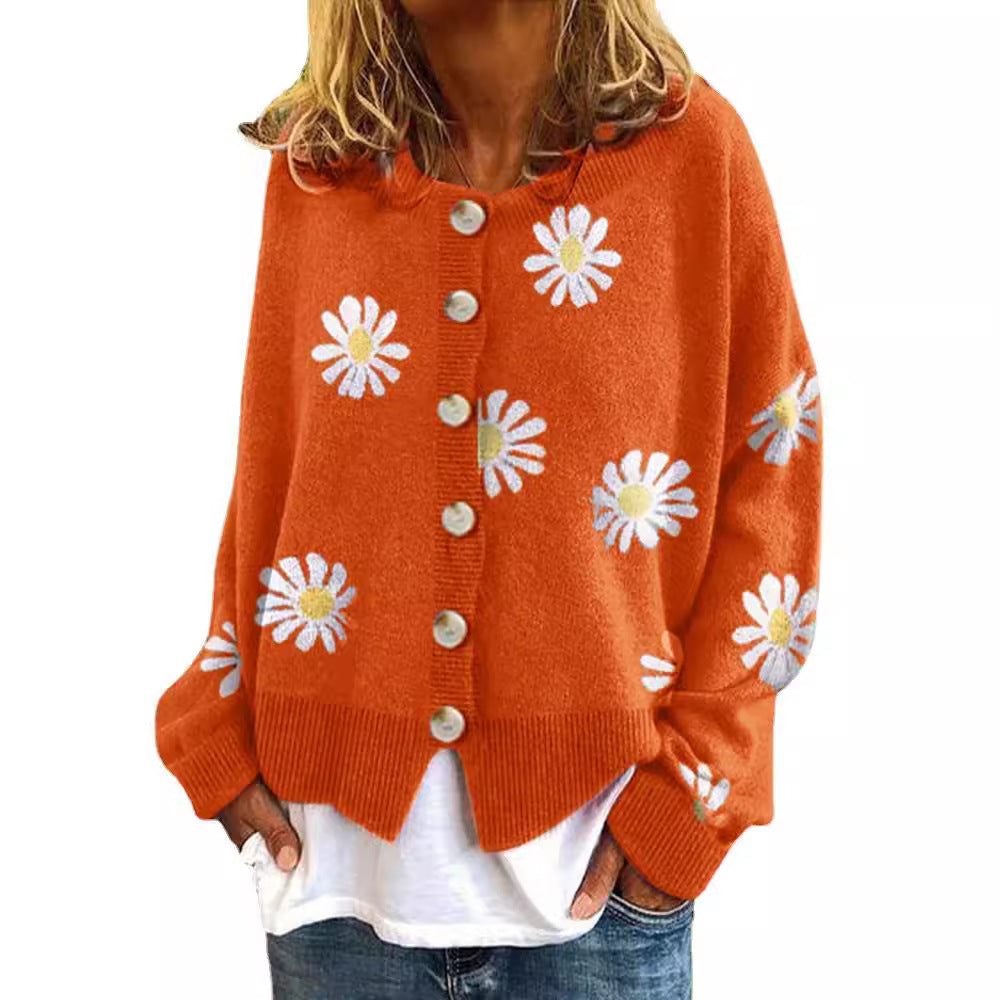 Damen Farbiger Baumwollpullover mit Blumenmuster Drune