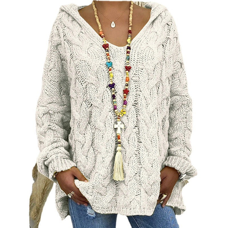 Damen Hoody aus Grobstrick mit V-Ausschnitt und dekorativem Kordelzug Drune