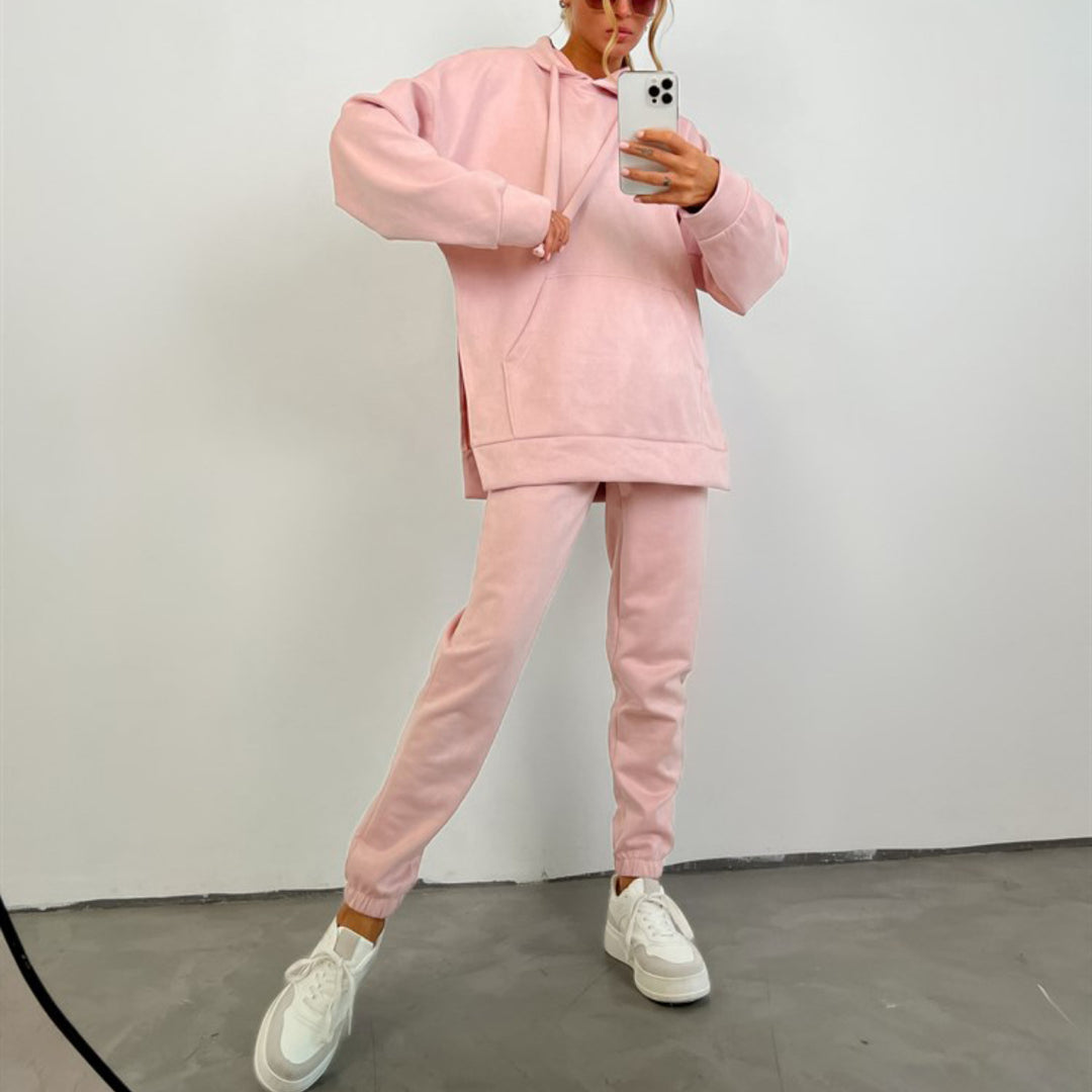 Damen sportliches Fleece-Lounge-Set mit übergroßem Hoodie und elastischen Hosen Drune