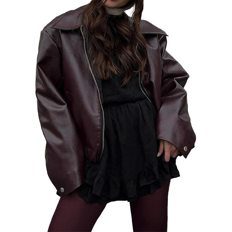 Damen modische Kunstlederjacke mit weitem Schnitt Drune