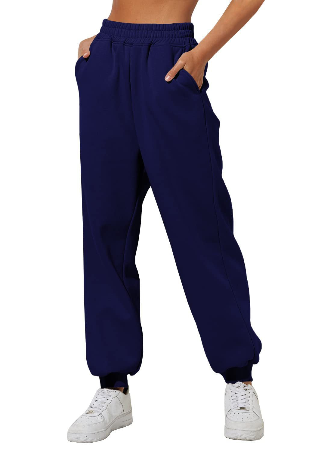 Damen nan lockere High‑Waist Jogginghose mit doppellagigem Komfortbund, seitlichen Eingrifftaschen und gerafften Knöchelbündchen Drune