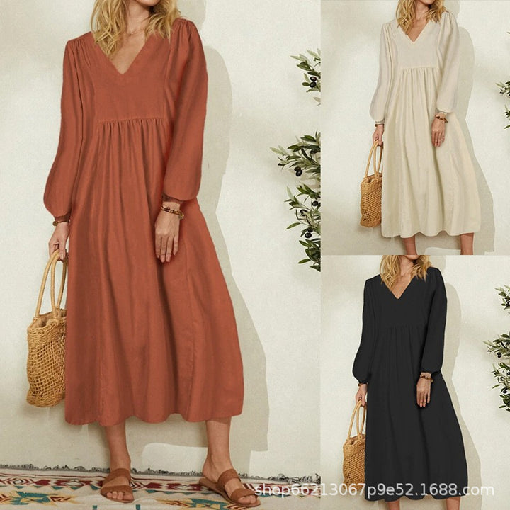 Damen leichtes Maxikleid mit V-Ausschnitt und ballonähnlichen Ärmeln Drune