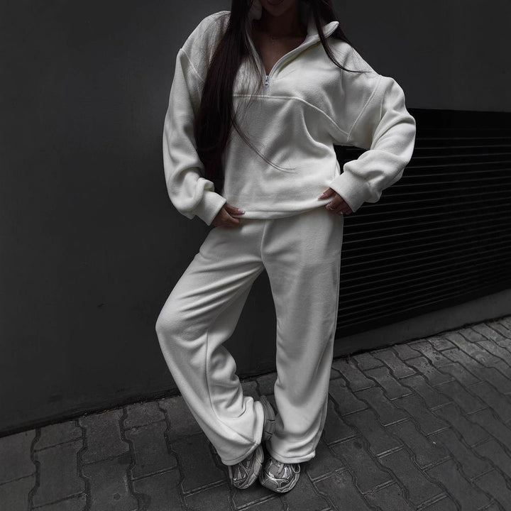 Damen Sportliches Fleece-Jogginganzug mit Stehkragen und Reißverschluss Drune