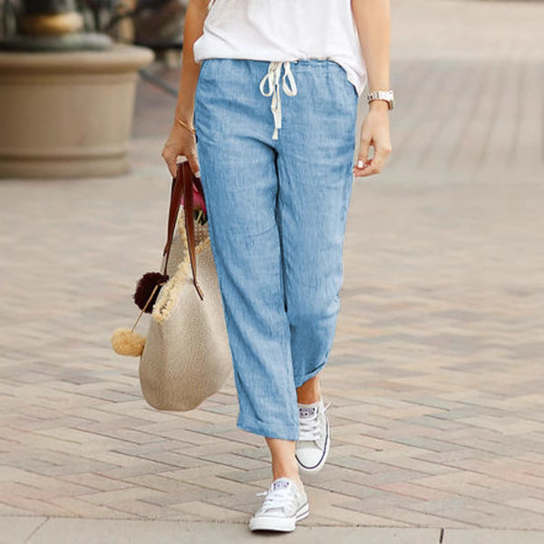 Damen nan leichte Leinenmisch-Hose mit Kordelzug, lockerer Culotte-Schnitt und knöchellangem Saum Drune