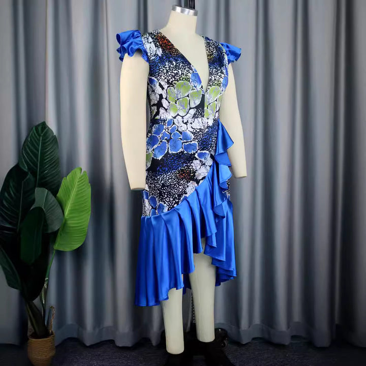 Damen Festliches Kleid mit voluminösem Rüschensaum und tiefem V-Ausschnitt Drune
