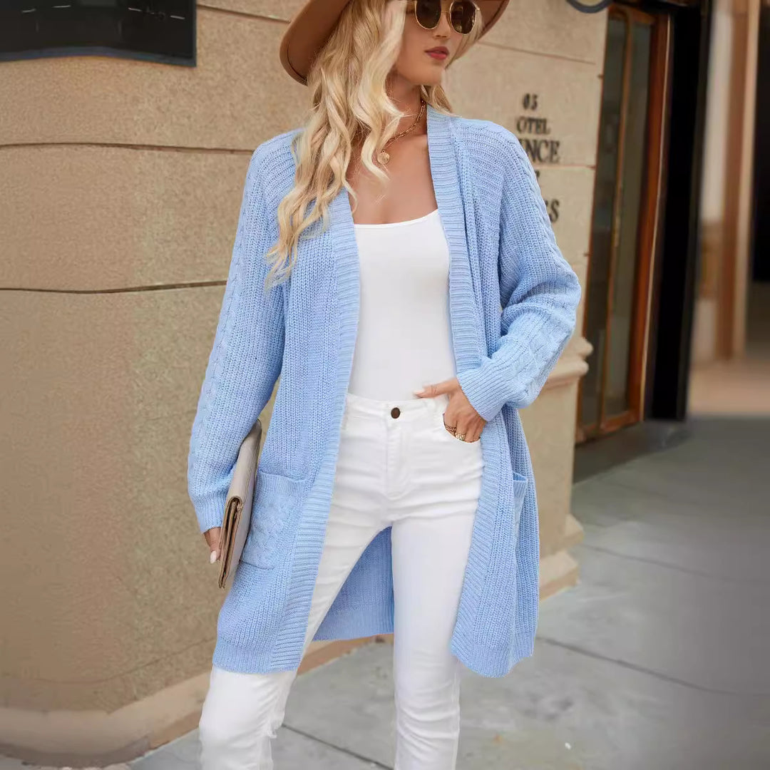 Damen Kabelstrick Offene-Front Cardigan mit Taschen Drune