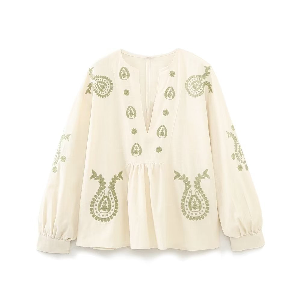Damen nan bestickte Tunika-Bluse mit Paisley-Stickereien, V-Ausschnitt und voluminösen Ballonärmeln Drune