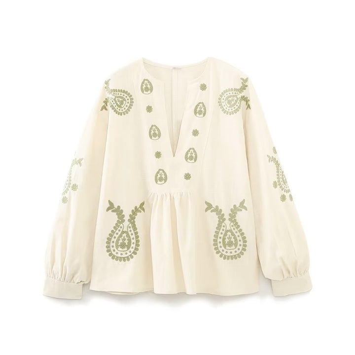 Damen nan bestickte Tunika-Bluse mit Paisley-Stickereien, V-Ausschnitt und voluminösen Ballonärmeln Drune