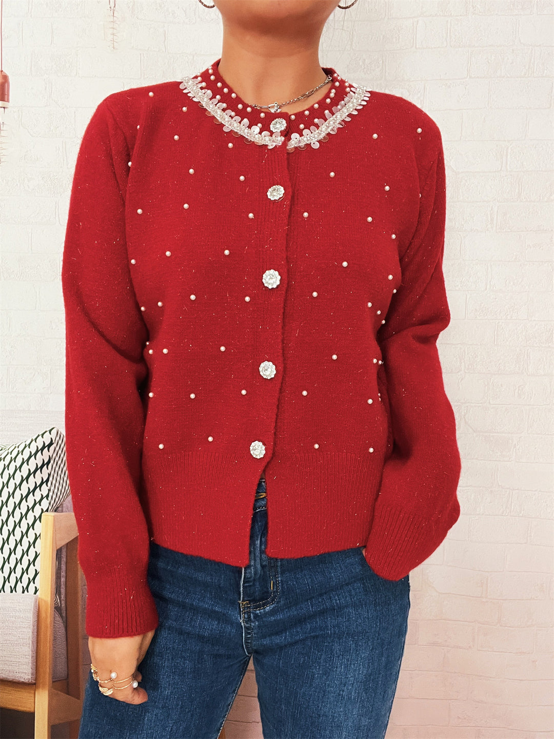 Damen Strickjacke mit Perlenbesatz Drune