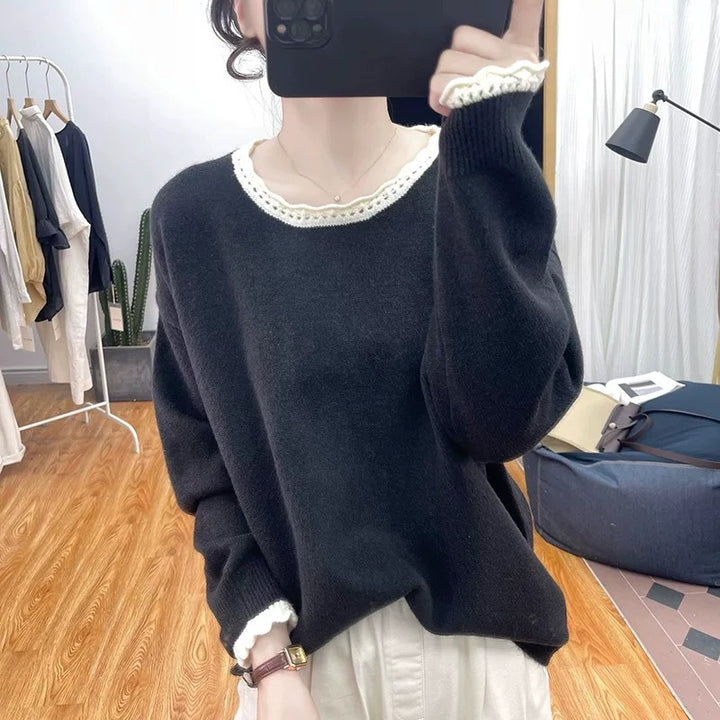 Damen Pullover im lässigen Oversized-Stil mit romantischem Spitzenrand Drune