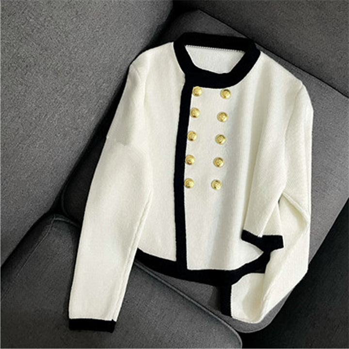 Damen elegante Strickjacke mit goldenen Knopfdetails und Kontrastbesatz Drune