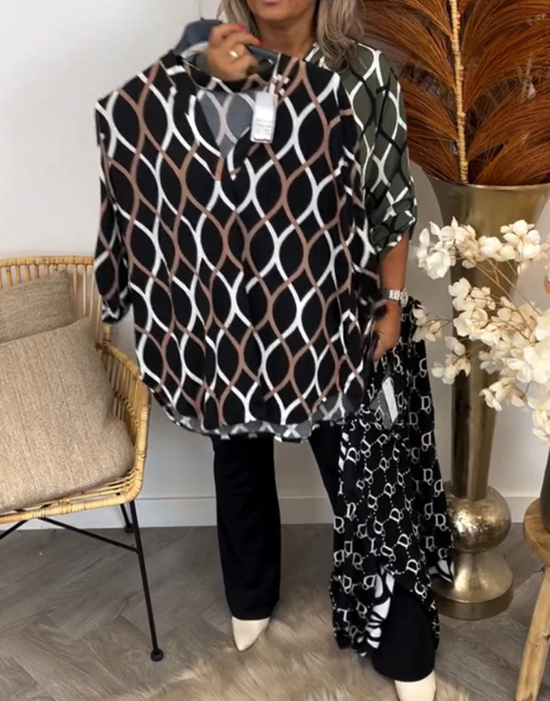 Damen Bluse mit graphischem Muster und seitlichen Taschen Drune