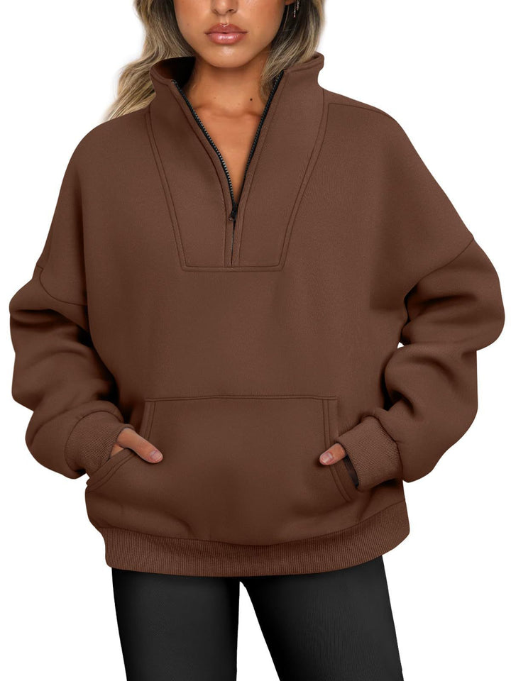 Damen lässiger Pullover mit hohem Kragen und praktischer Kängurutasche Drune